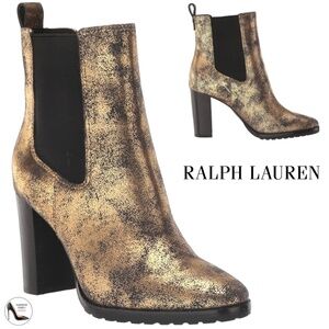Ralph Lauren Mylah Bootie Gold Black Suede Leather Pull-On Chelsea Heeled Boots